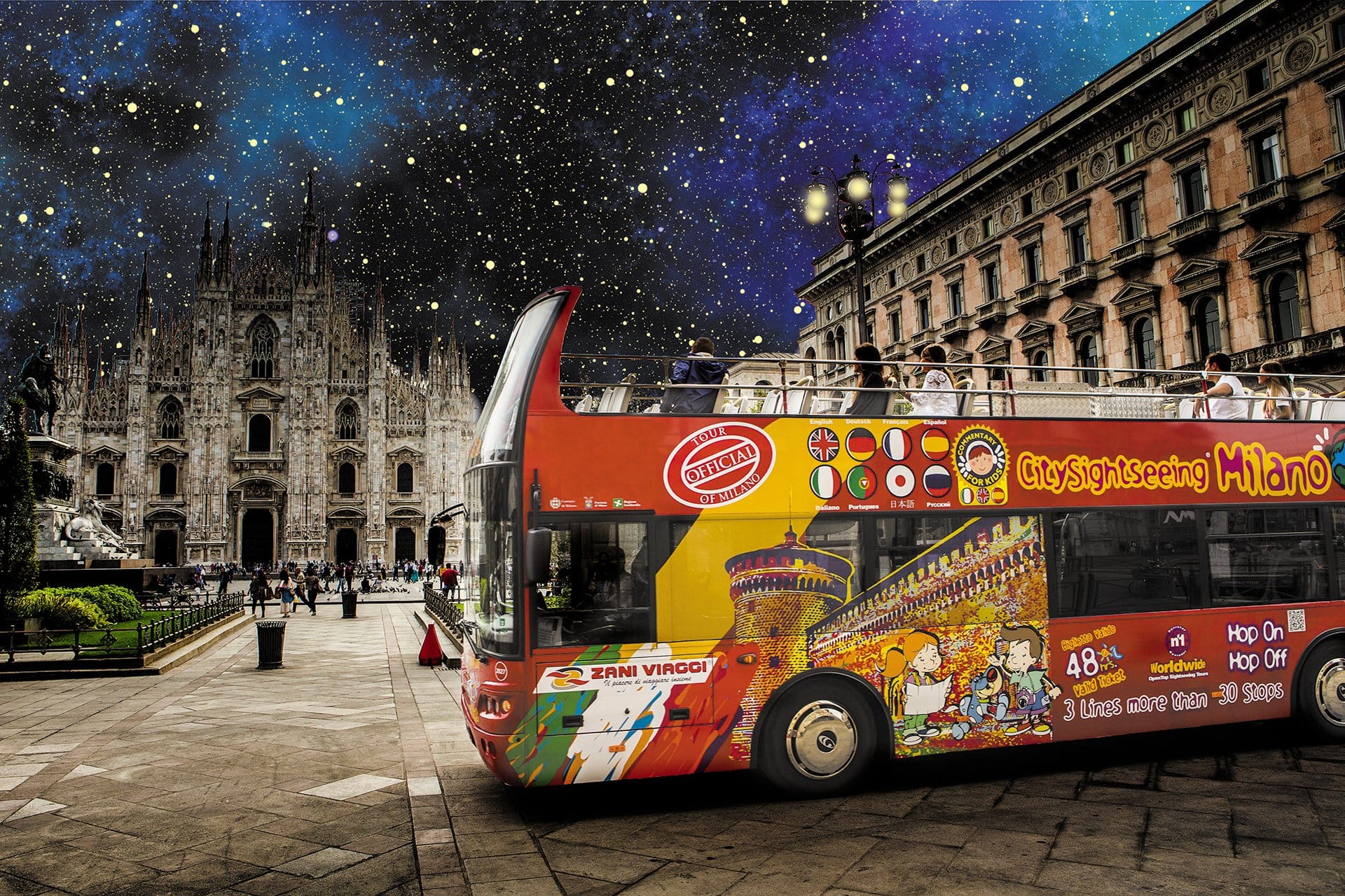Milán de noche en bus descubierto